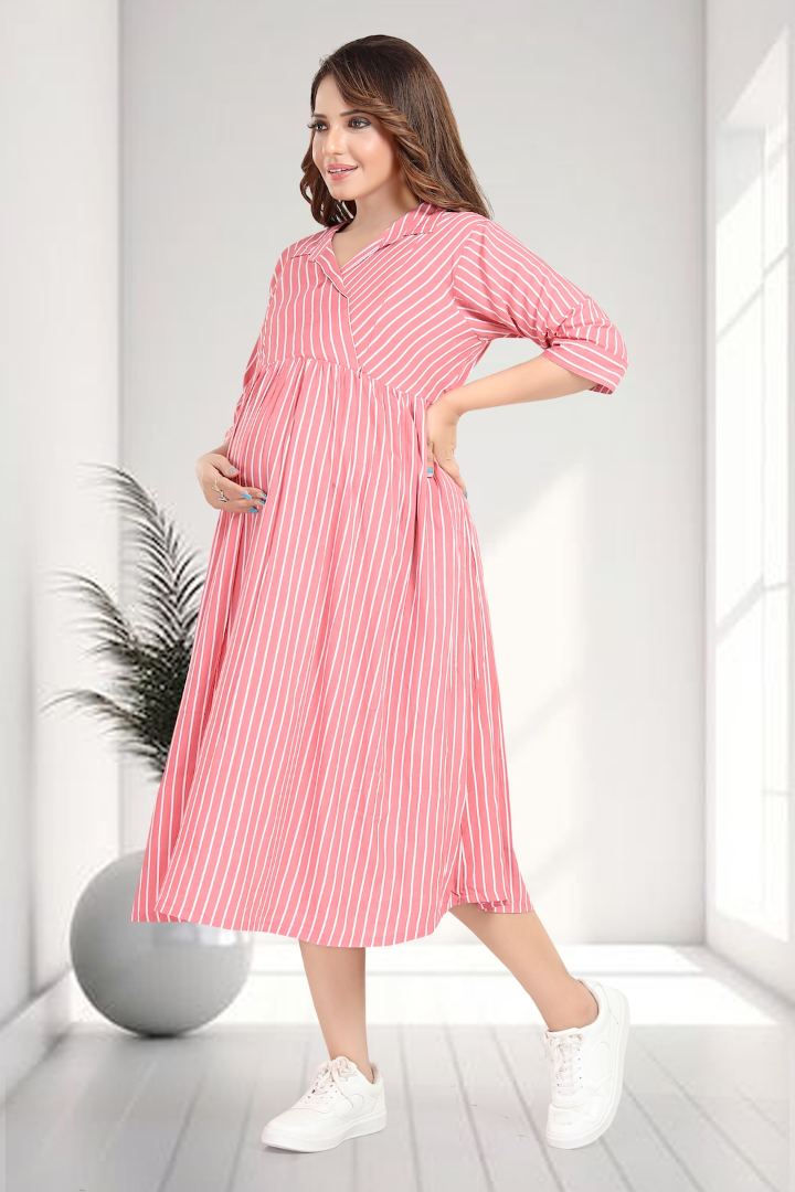 Coral Pink Striper Cross Over Feeding Dress