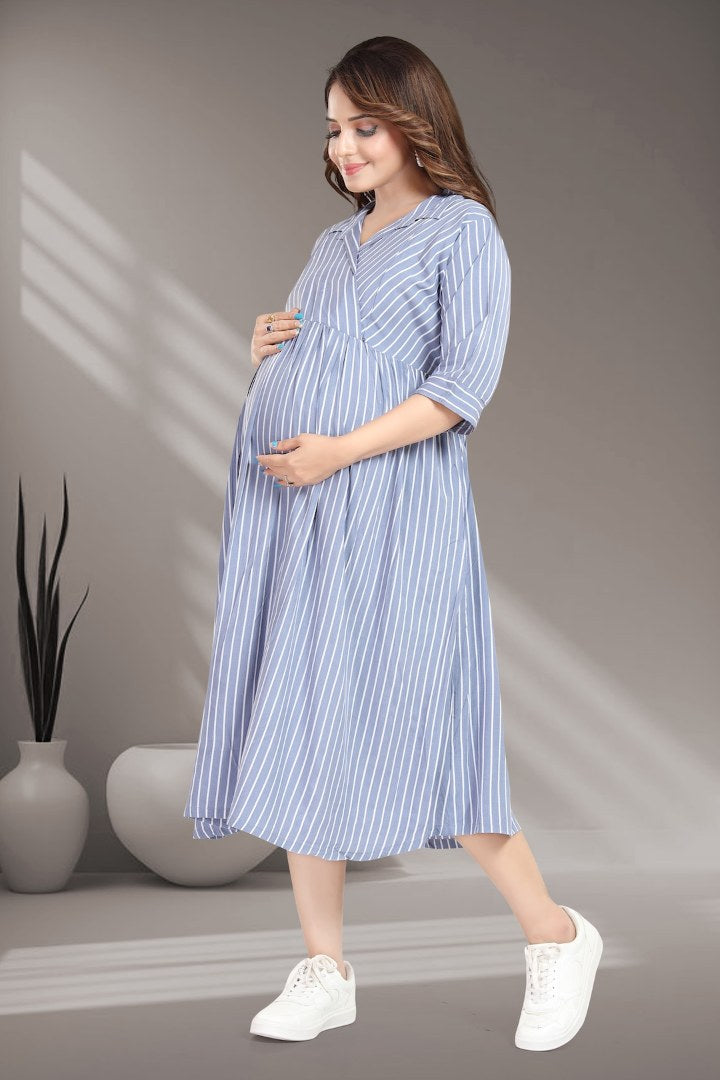 Blue Striper Cross Over Feeding Dress