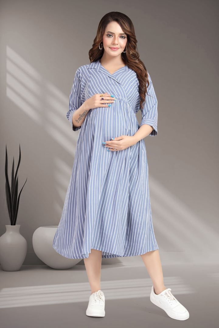 Blue Striper Cross Over Feeding Dress