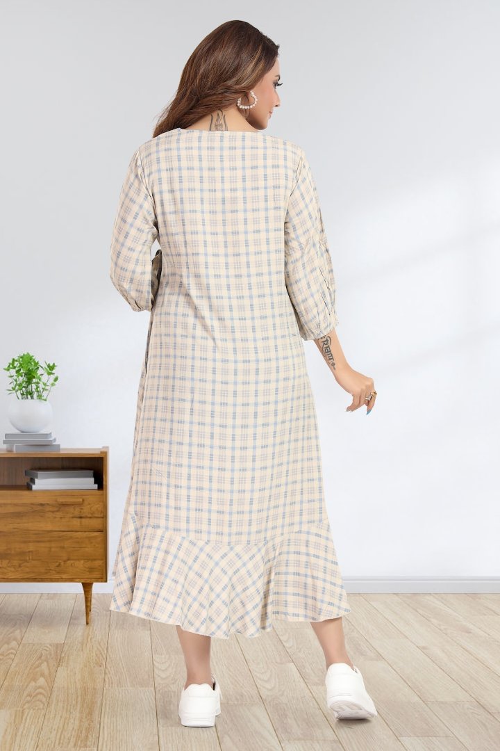 Cream Chequered Angrakha Pattern Maternity Dress