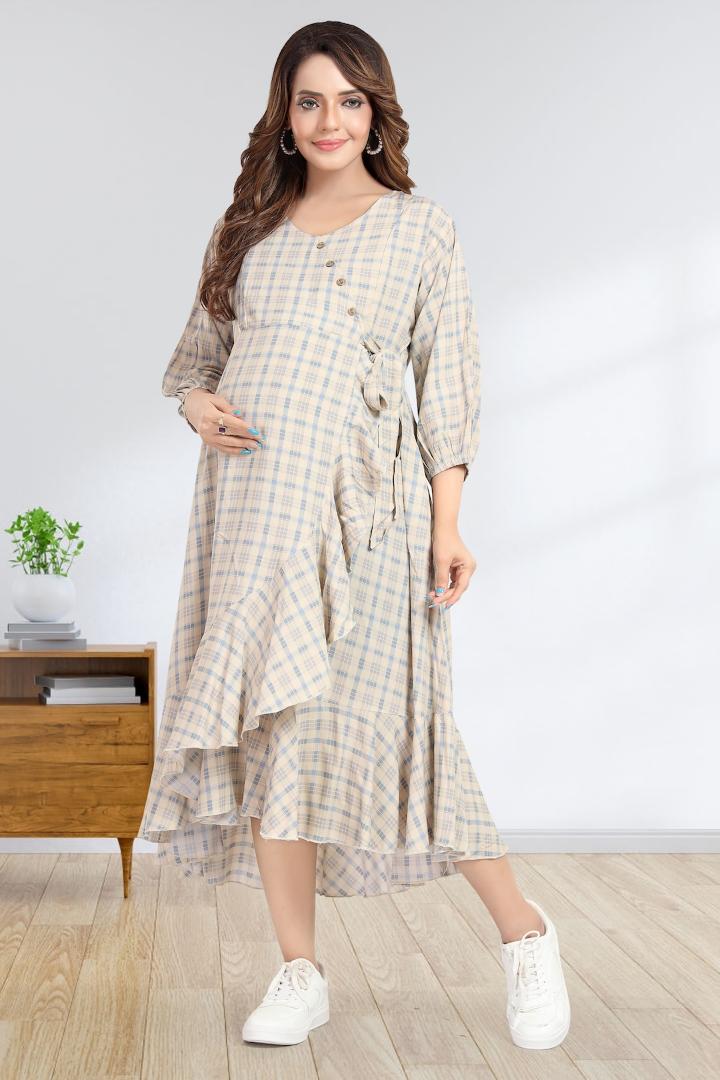 Cream Chequered Angrakha Pattern Maternity Dress