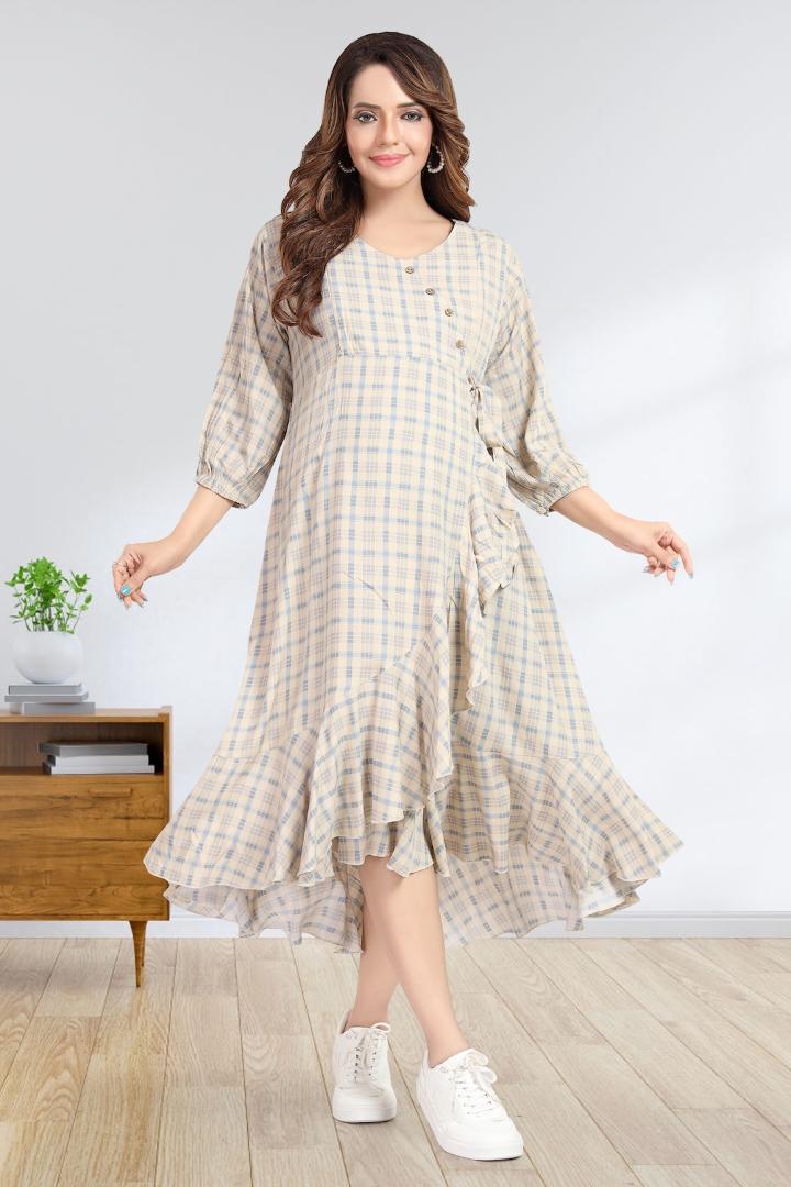 Cream Chequered Angrakha Pattern Maternity Dress