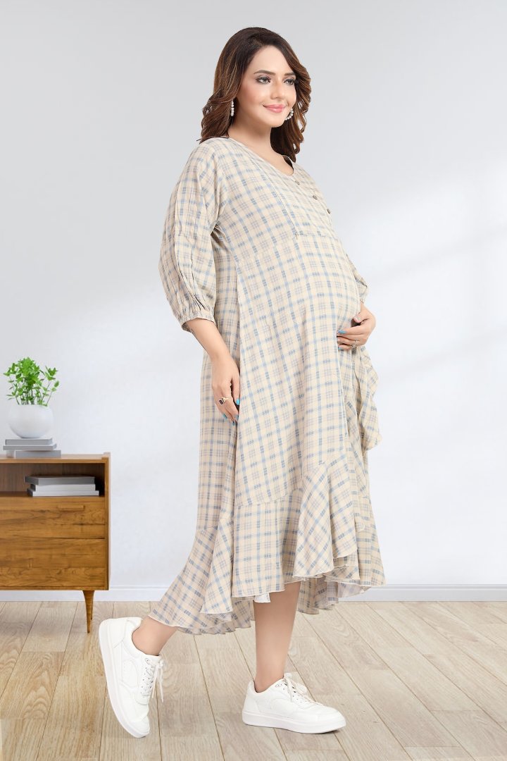 Cream Chequered Angrakha Pattern Maternity Dress