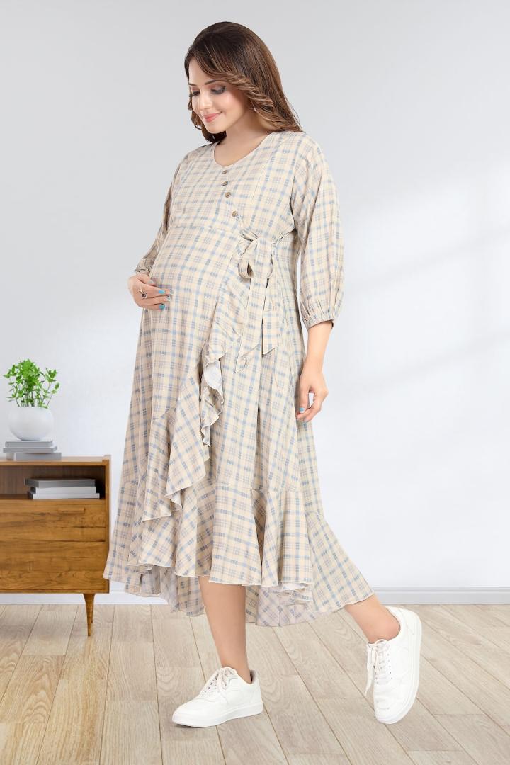Cream Chequered Angrakha Pattern Maternity Dress