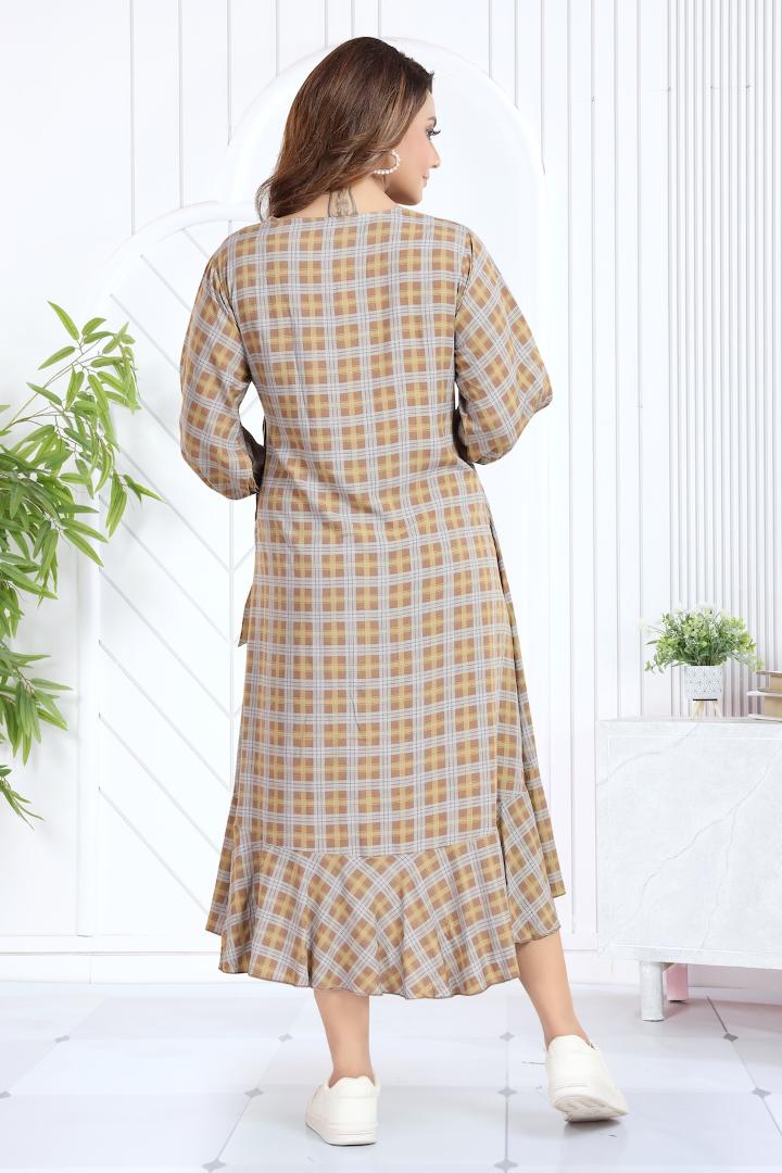 Burnt Brown Chequered Angrakha Maternity Dress