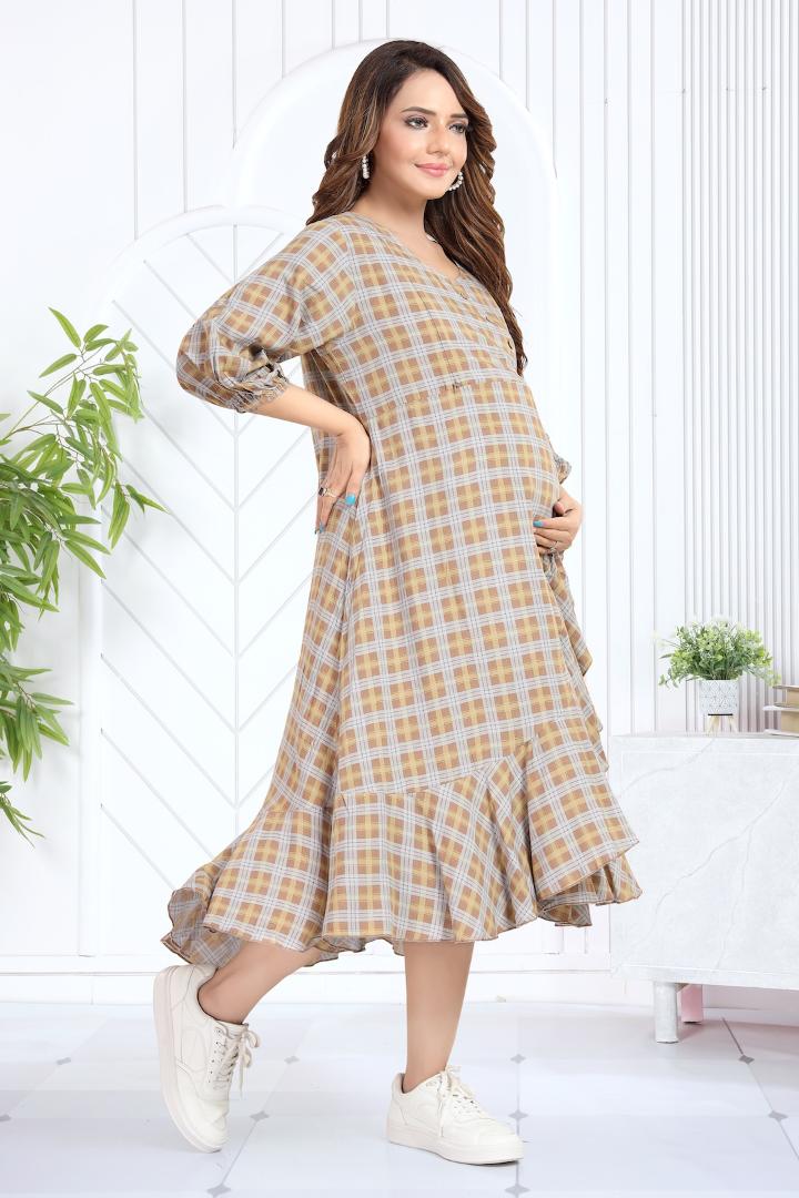 Burnt Brown Chequered Angrakha Maternity Dress