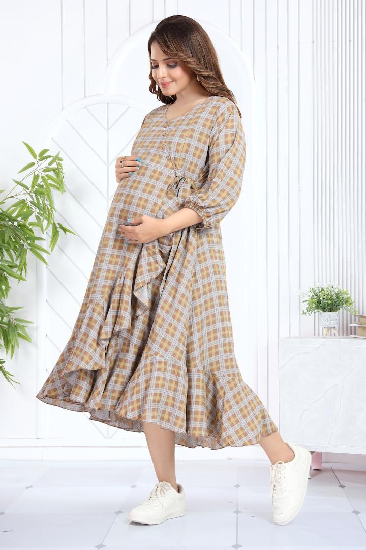 Burnt Brown Chequered Angrakha Maternity Dress