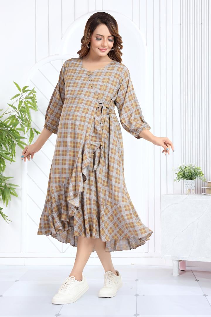 Burnt Brown Chequered Angrakha Maternity Dress