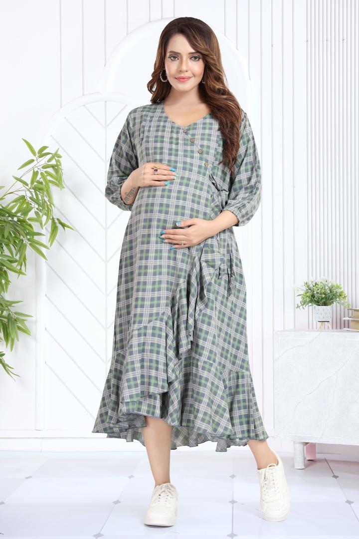 Grey Chequered Angrakha Pattern Maternity Dress