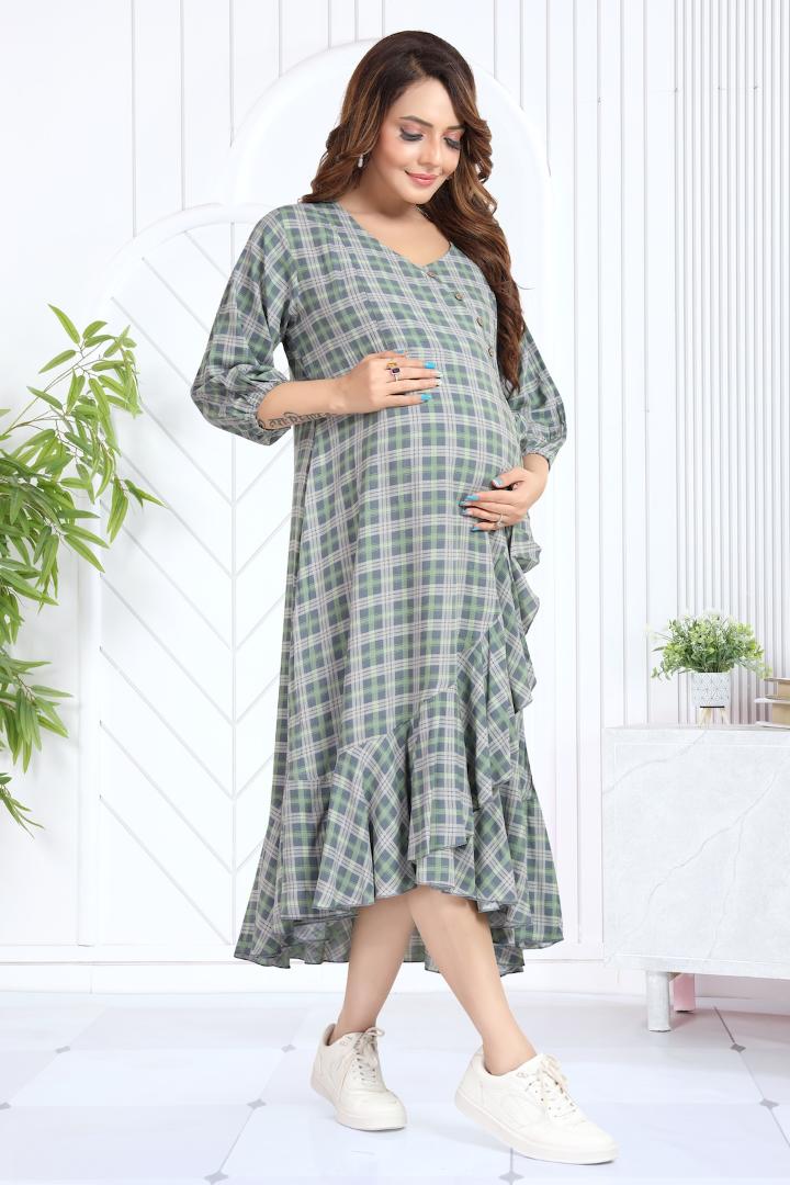 Grey Chequered Angrakha Pattern Maternity Dress