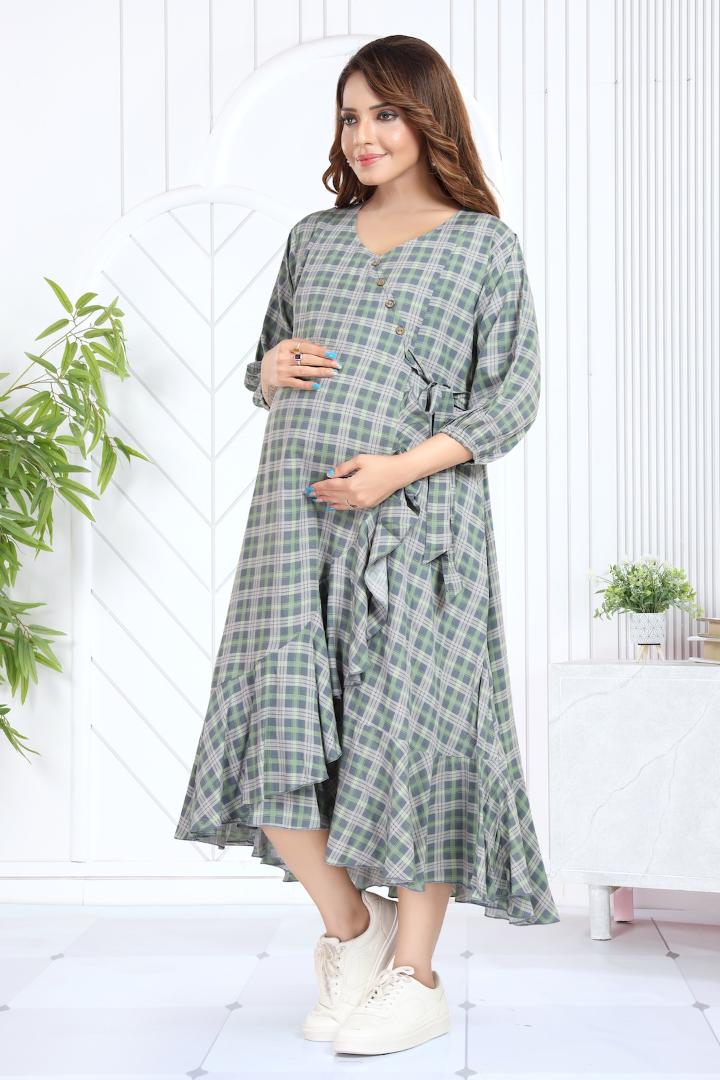 Grey Chequered Angrakha Pattern Maternity Dress