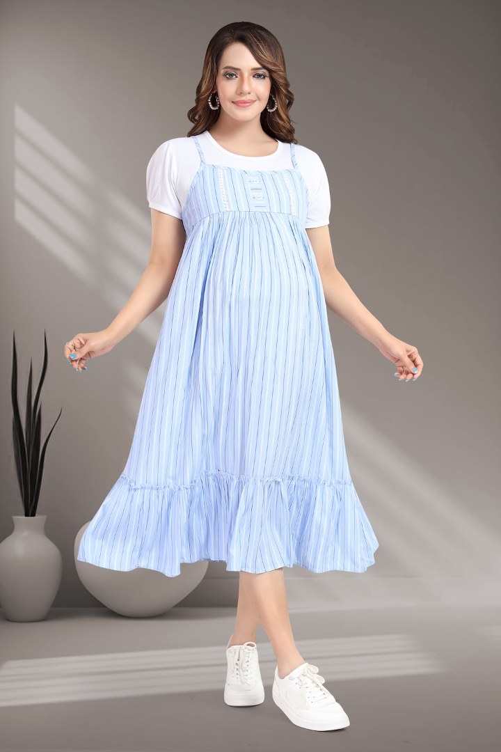 Sky Blue Striper Pinafore Feeding Dress