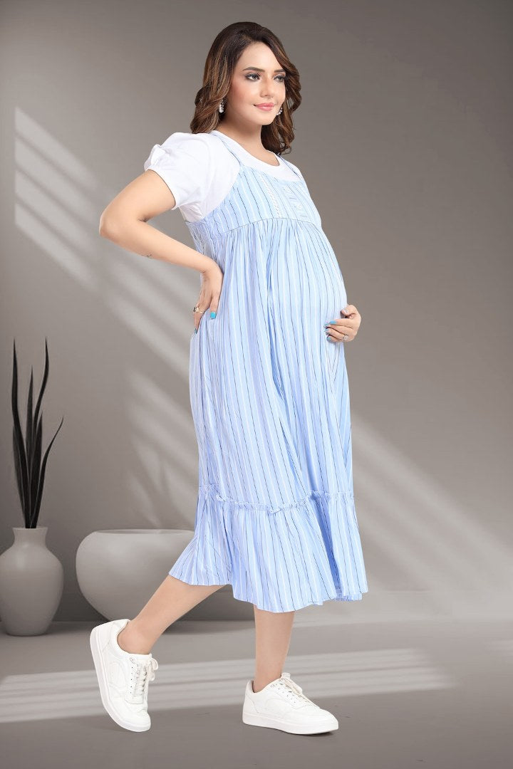 Sky Blue Striper Pinafore Feeding Dress