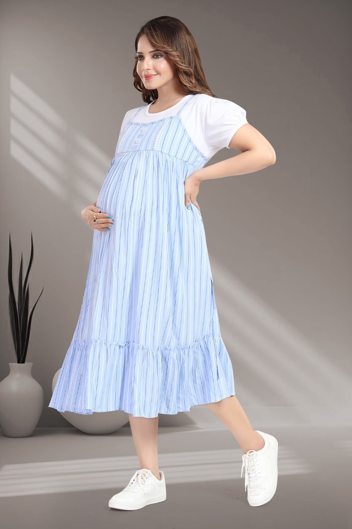 Sky Blue Striper Pinafore Feeding Dress
