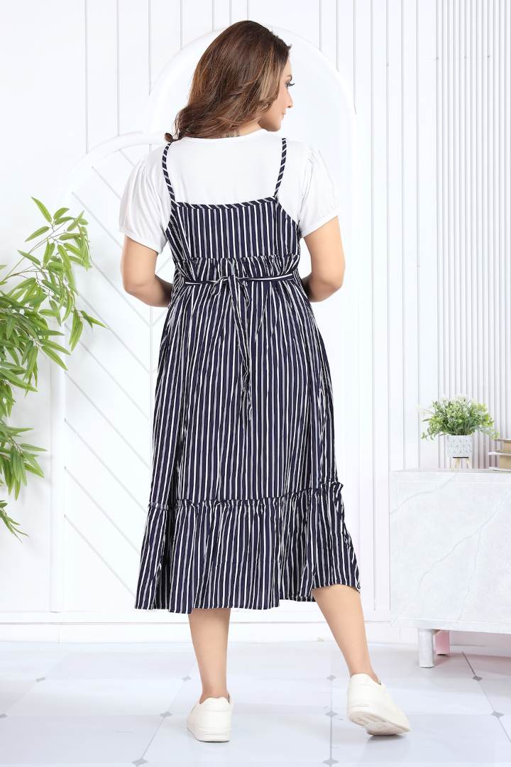 Ink Blue Striper Pinafore Feeding Dress