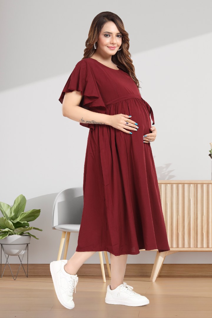 Burnt Maroon Maternity Feeding Dress