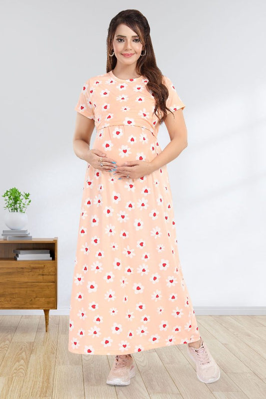 Creamy Peach Printed Zipless Nightie