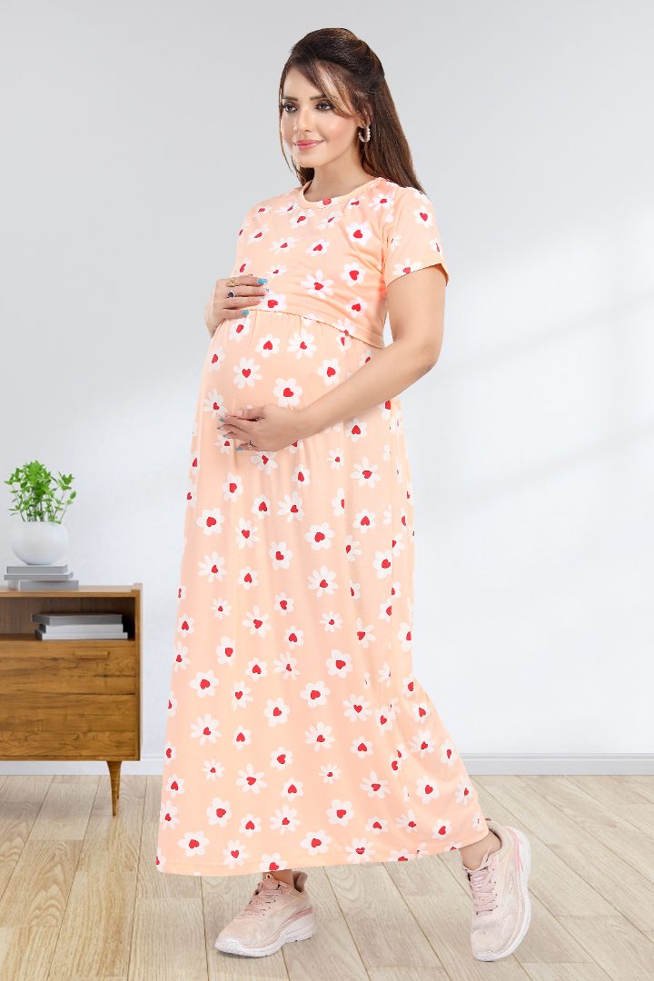 Creamy Peach Printed Zipless Nightie