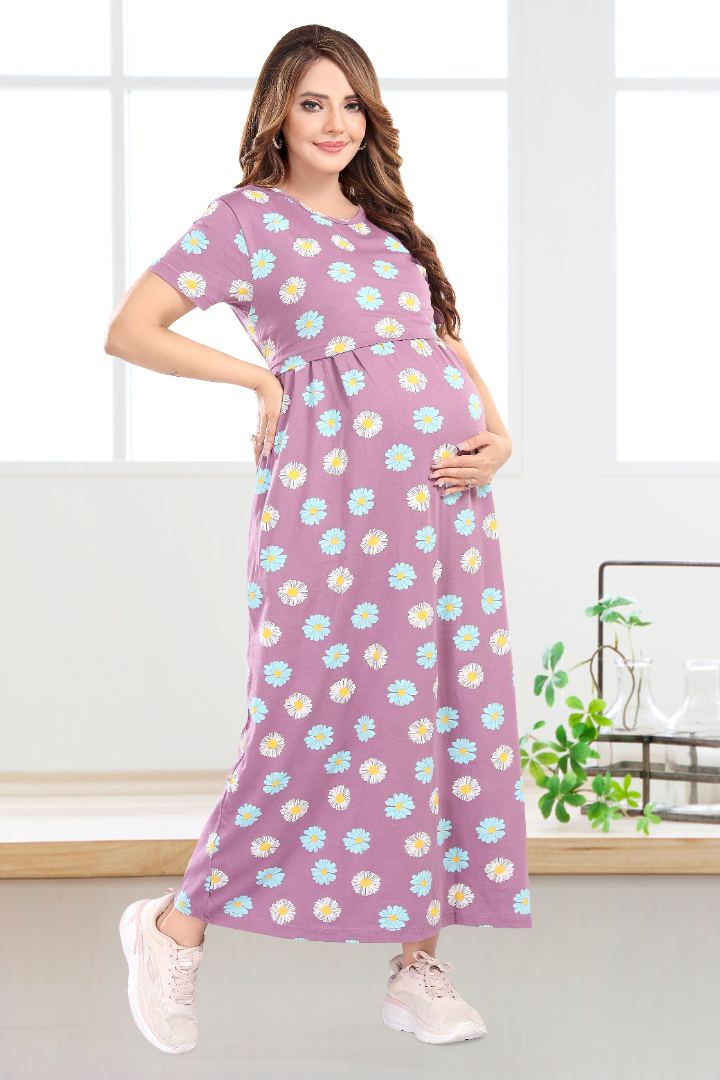 Purple Floral Printed Feeding Nightie