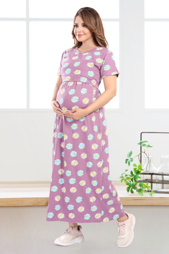 Purple Floral Printed Feeding Nightie