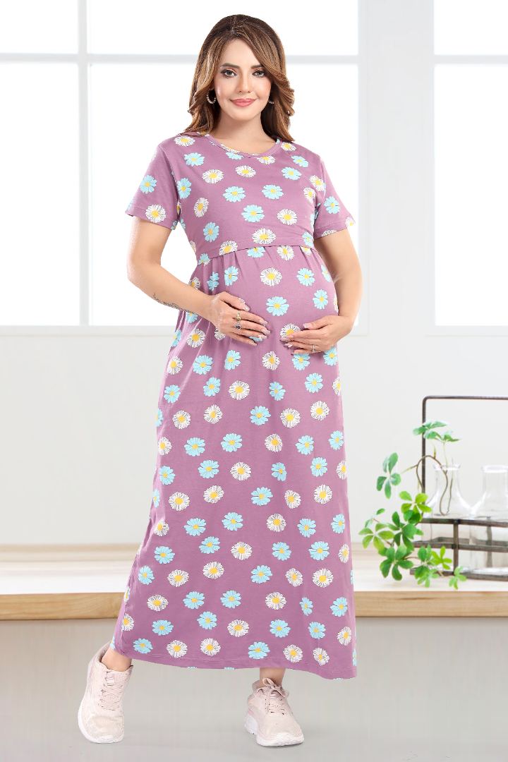Purple Floral Printed Feeding Nightie