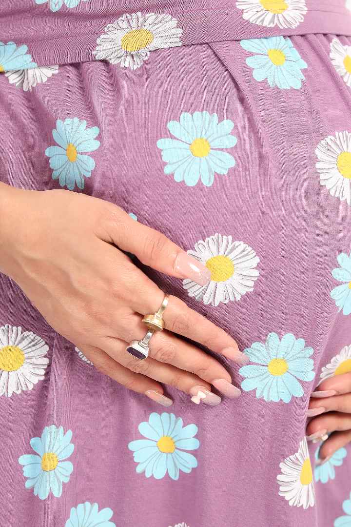 Purple Floral Printed Feeding Nightie