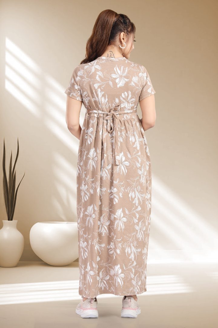 Coffee Brown Printed Maternity Zipless Nightie