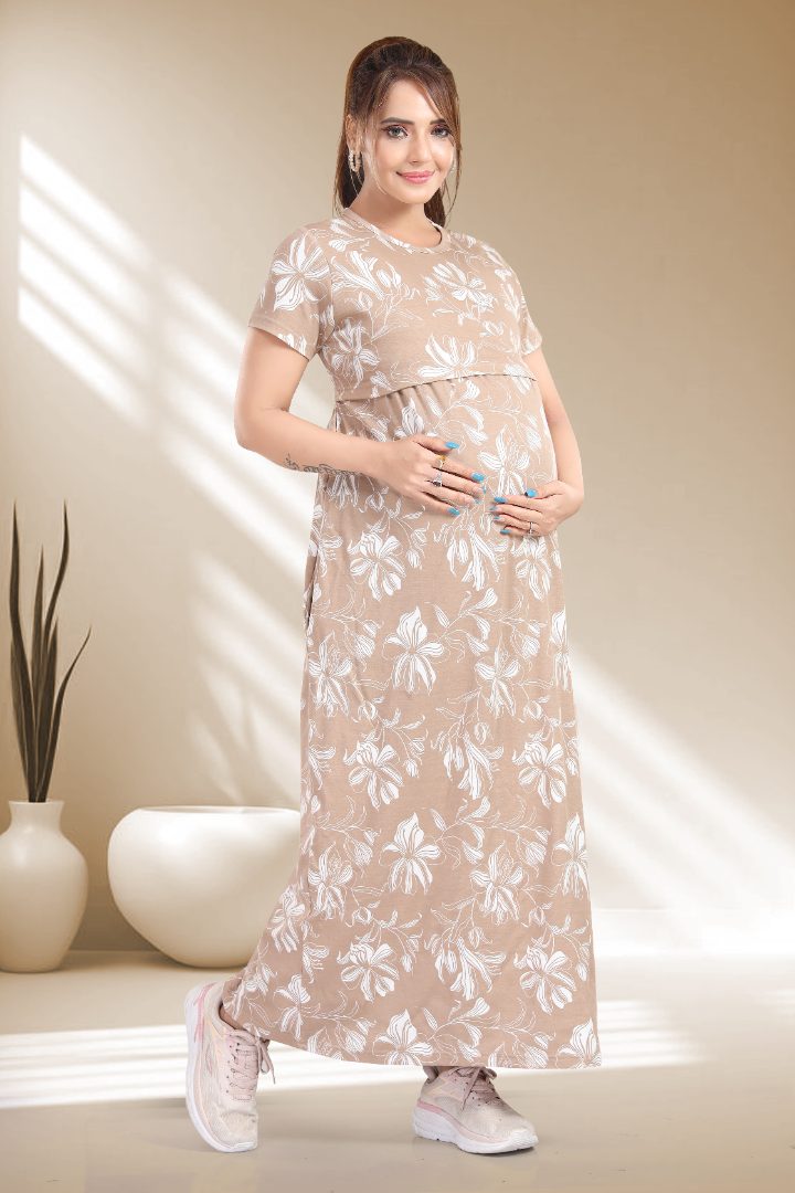 Coffee Brown Printed Maternity Zipless Nightie