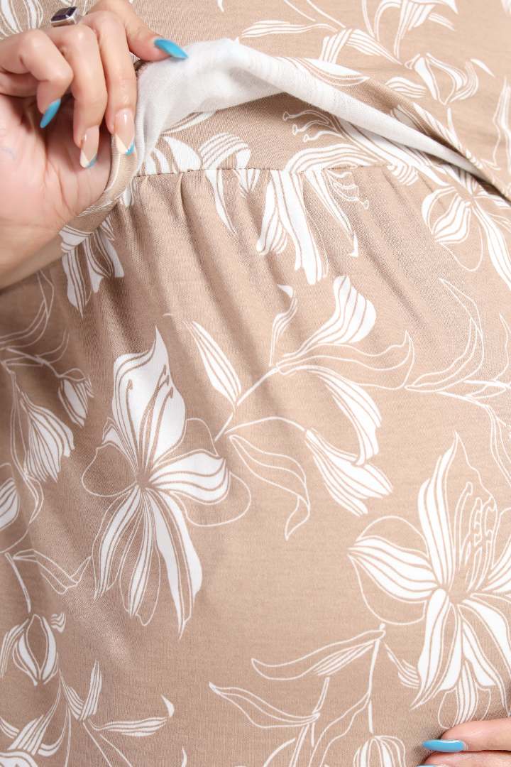Coffee Brown Printed Maternity Zipless Nightie