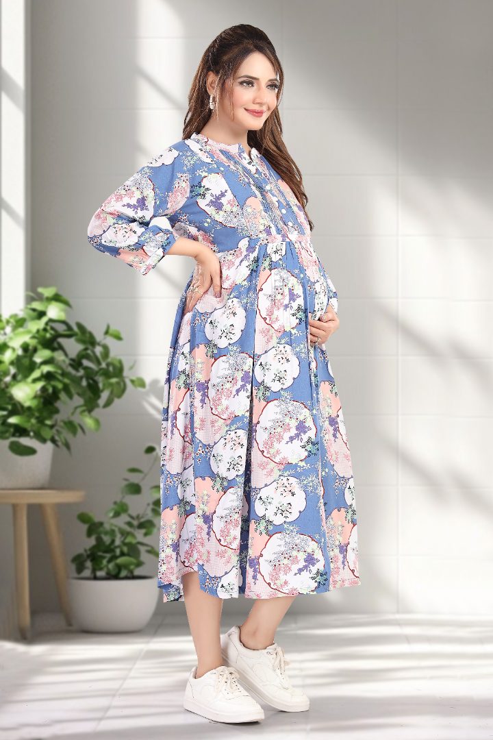 Pacific Blue Floral Printed Feeding Dress
