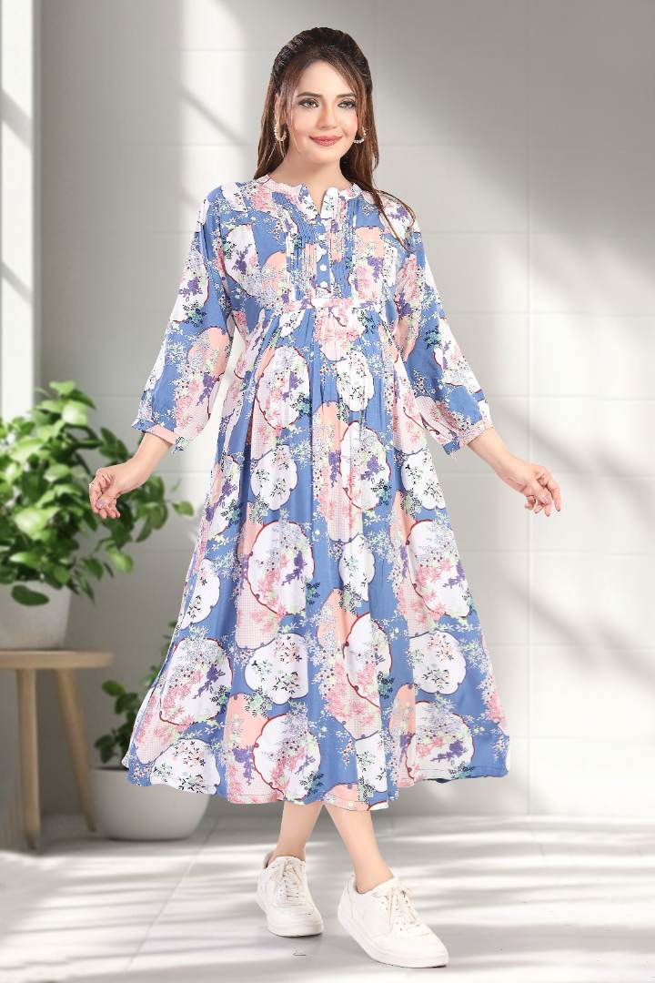 Aqua Blue Printed Feeding Dress