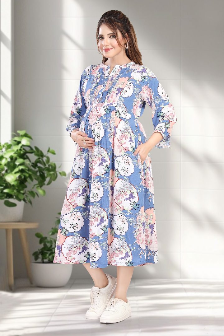 Pacific Blue Floral Printed Feeding Dress