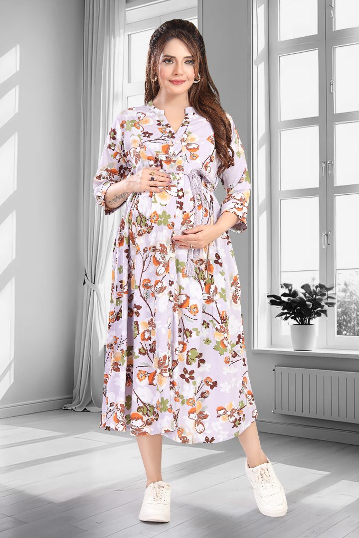 Pastel Lilac Floral Printed Feeding Dress