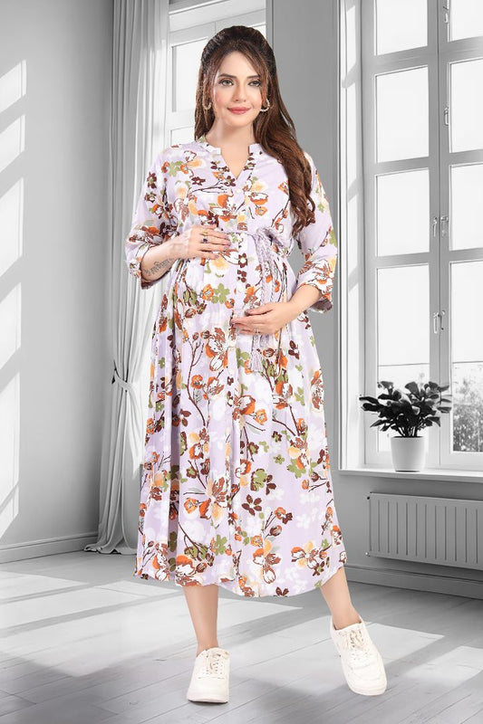 Pastel Lilac Floral Printed Feeding Dress
