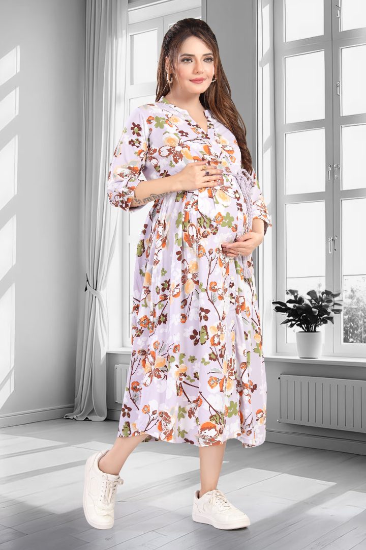 Pastel Lilac Floral Printed Feeding Dress