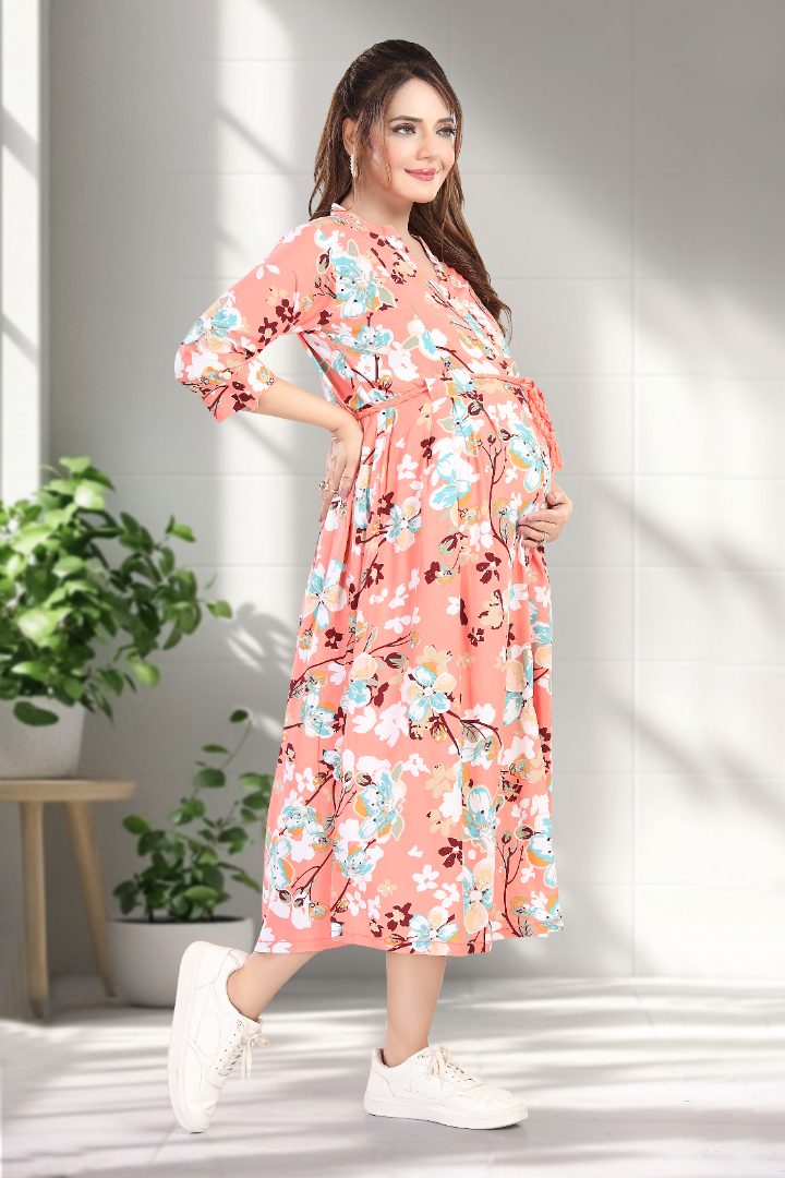 Tomato Pink Floral Printed Feeding Dress