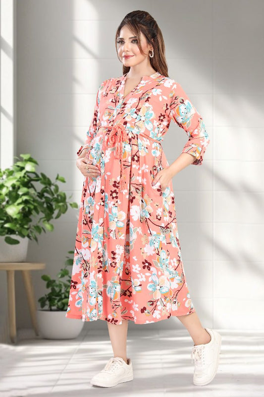 Tomato Pink Floral Printed Feeding Dress