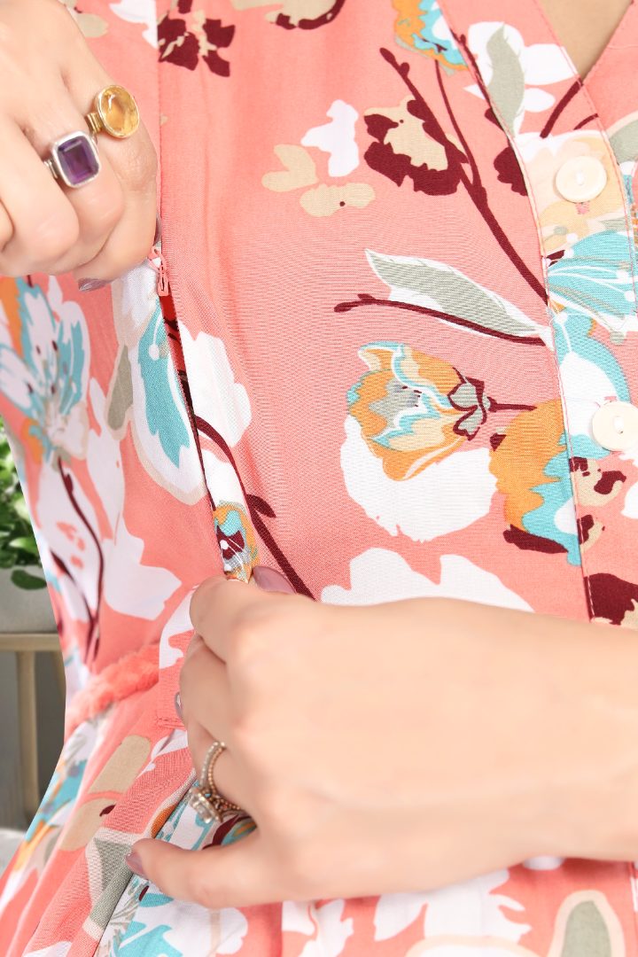 Tomato Pink Floral Printed Feeding Dress