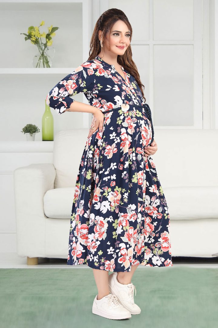 Deep Navy Floral Printed Nursing Dress