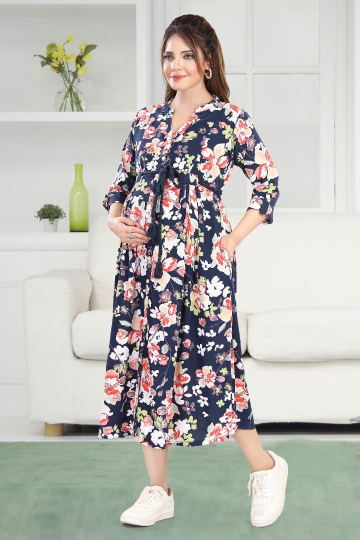 Deep Navy Floral Printed Nursing Dress