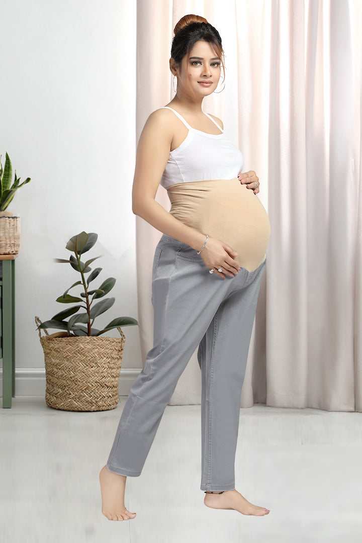 Grey Ankle Length Maternity Denims