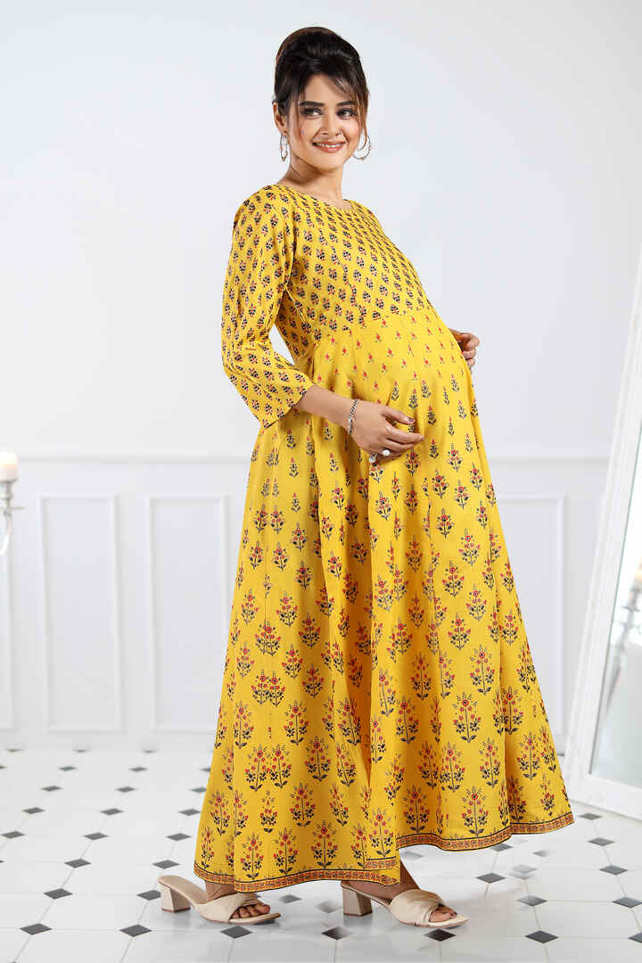 Citrus Yellow Printed Maxi Feeding Dress