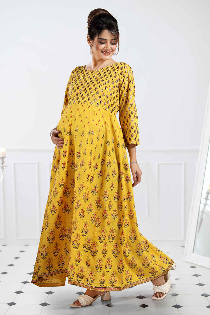 Citrus Yellow Printed Maxi Feeding Dress