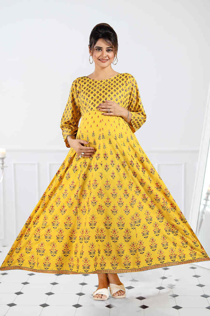 Citrus Yellow Printed Maxi Feeding Dress