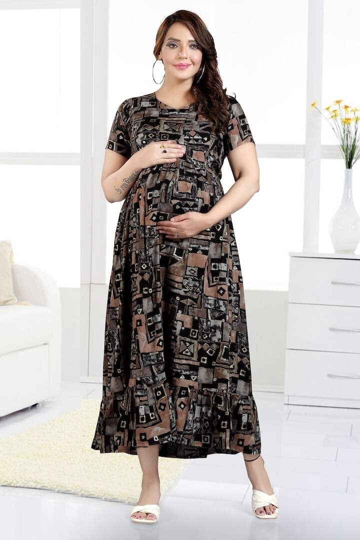 Brown Foil Printed Feeding Dress