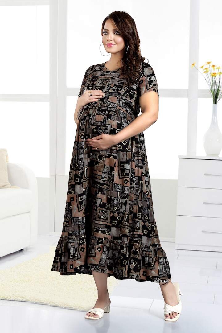 Brown Foil Printed Feeding Dress