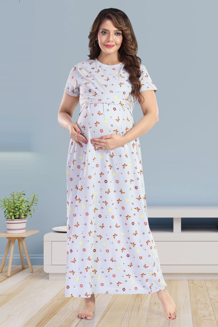 Steel Grey Printed Feeding Night Dress