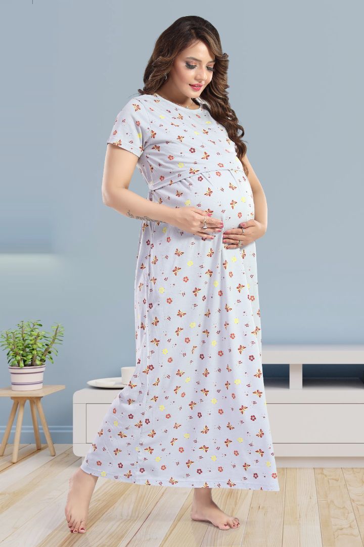Steel Grey Printed Feeding Night Dress