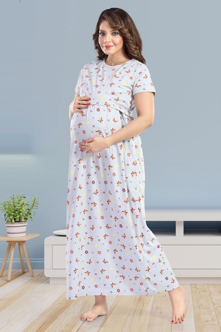Steel Grey Printed Feeding Night Dress
