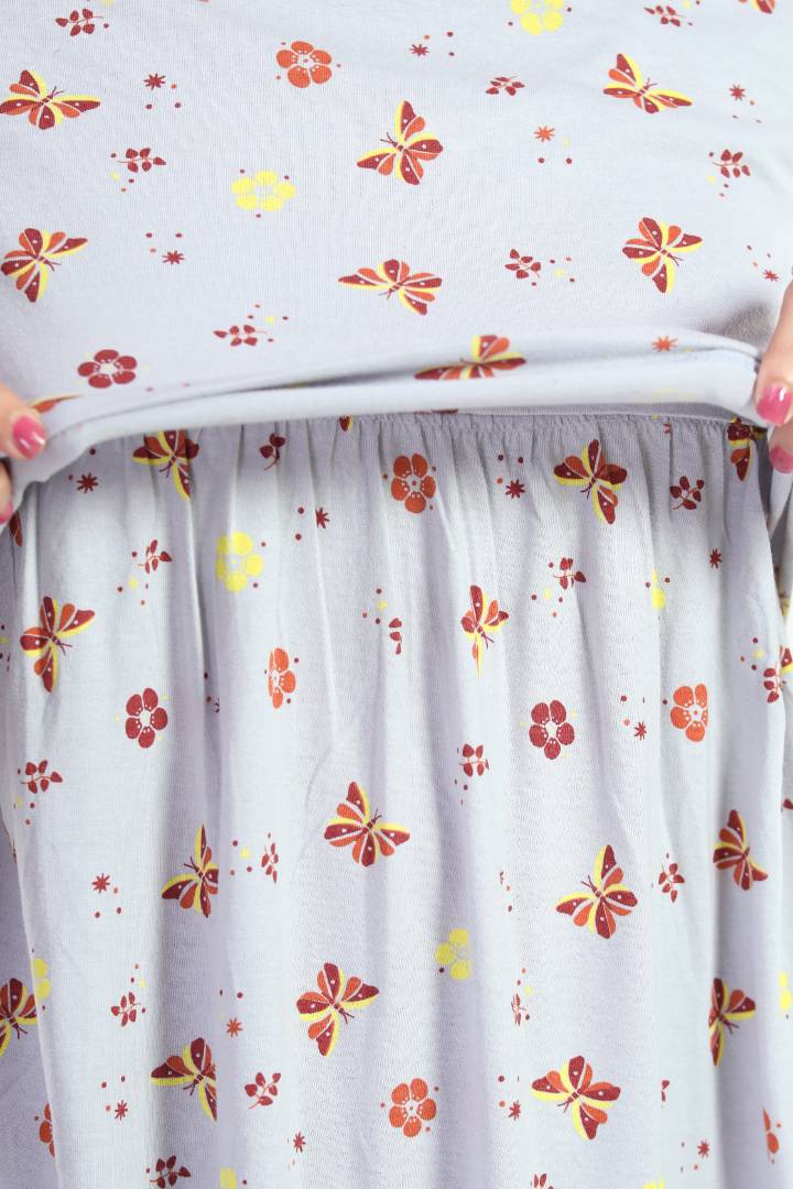 Steel Grey Printed Feeding Night Dress